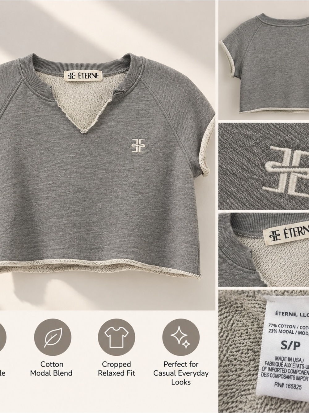 Eterne Grey Cropped Terry Short-Sleeve Top with Contrast Trim